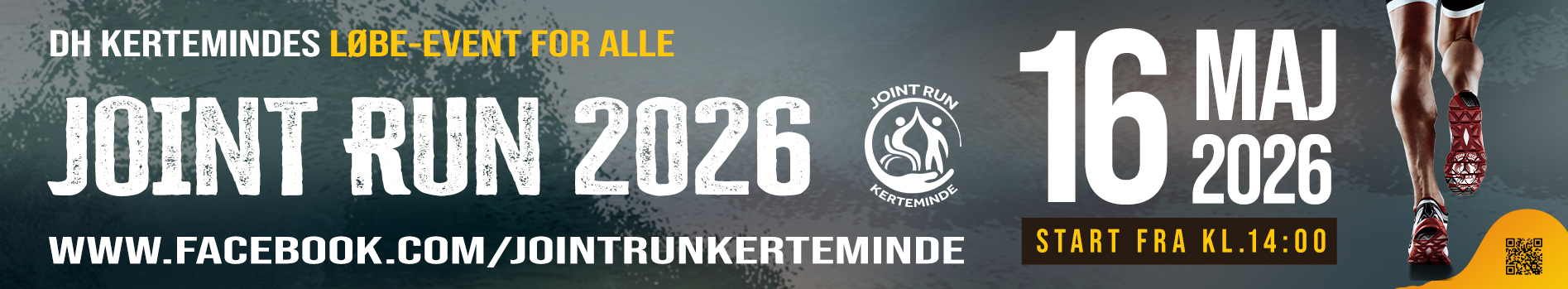 Plakat for løbeeventet “Joint Run 2026” i Kerteminde den 16. maj 2026 med start kl. 14.00. Plakaten viser en løber set bagfra i bevægelse, eventets navn og dato, samt logo og henvisning til Facebook-siden Joint Run Kerteminde.